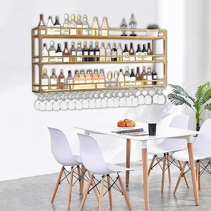 Wall Mounted Wine Rack, Floating Industrial Liquor Glass Holder 3 Tiers, Large Metal Wine Bottle Display Rack Hanging Shelf, for Home Bar Dining Room Decorative (Gold, 59.05x35.43x9.84in)