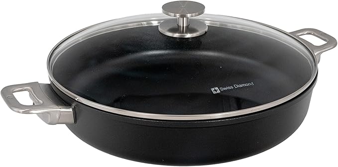 Swiss Diamond Nonstick Hybrid Ceramic and Diamond-Infused Sauteuse Saute Pan With Glass Lid, PFAS- and PFOA-free, Dishwasher & Oven Safe Up To 500 째F (4.8 Quart)