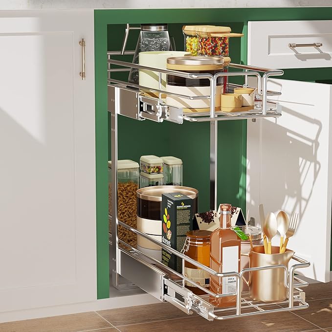 LOVMOR 2 Tier Individual Pull Out Cabinet Organizer 9" W x 21쩍" D, Slide Out Kitchen Cabinet Storage Sliding Shelves