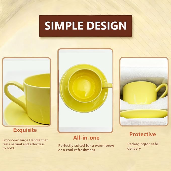 Porcelain 8oz Cappuccino Cup with Saucer - Ceramic Coffee Mug Perfect For Cappuccino Espresso Latte&Tea - New Bone China Cup for Great Gift,Yellow