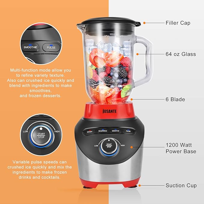 Blender, Countertop Blender for Smoothies with 64 oz Glass Jar Kitchen, 1200 Watts High Speed Juicer Blender Ice Crusher for Shakes Frozen Drinks (Red)