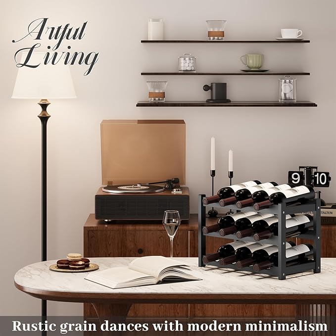 Wine Rack竊똁amboo Wine Storage Cabinet Shelf竊똂ountertop Wine Shelf- Freestanding Wine Holder for Kitchen & Pantry (Black, 3-Tier)