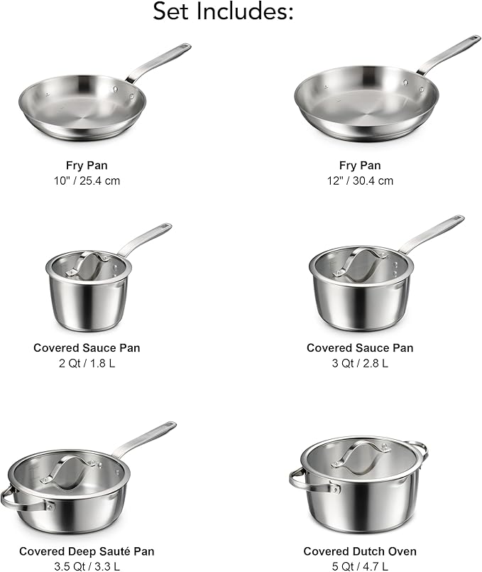 Tramontina Tempo Tri-Ply Base Stainless Steel 10-Piece Cookware Set with Glass Lids, Pots and Pans Kitchen Set, Induction-Ready, Oven-Safe, Dishwasher-Safe