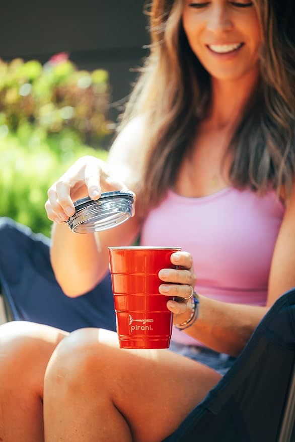 Pirani 16oz Insulated Stackable Tumbler - Skinny-Wall Triple Vacuum Insulation Cup with Version 2.0 Air-Tight, Screw-On Lid Lid - Space Saving Design - Party Red