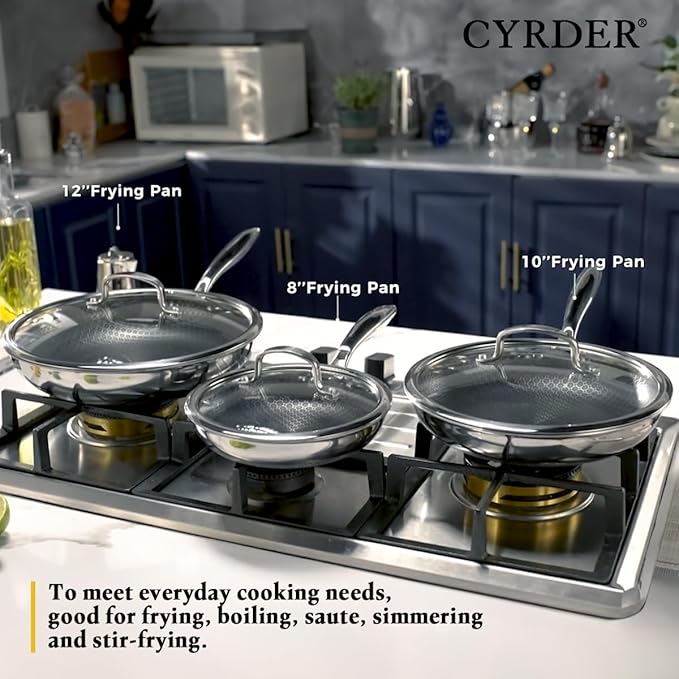 Nonstick Frying Pan Set, 8, 10 and 12 inch Frying Pans, 6-Piece Hybrid Non stick 18/10 Stainless Steel Pans with Lid, Induction Compatible, Dishwasher &Oven Safe, PFOA Free