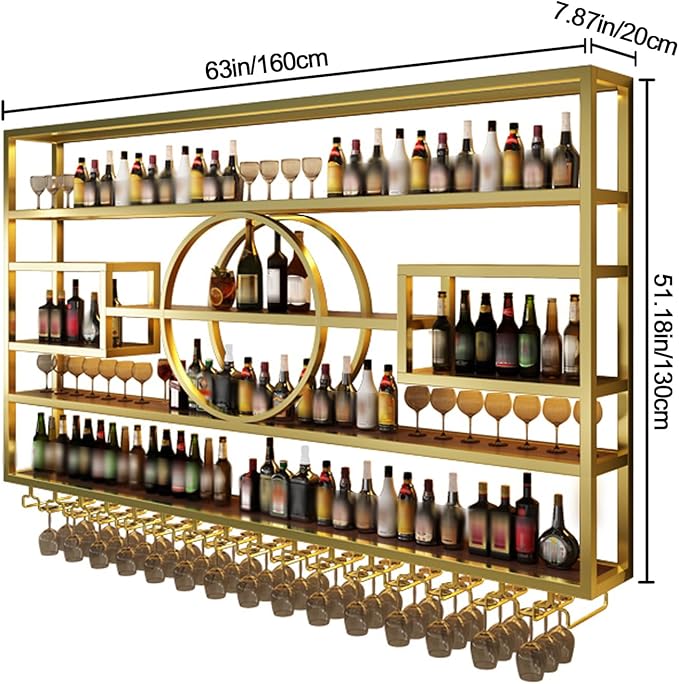 55in Wine Rack Wall Mounted, Large Capacity Hanging Wine Bottles Display Shelf with Glasses Holder, 4 Tier Industrial Bar Liquor Storage Shelves for Home Bar Kitchen,Living Room (Gold, 126in)
