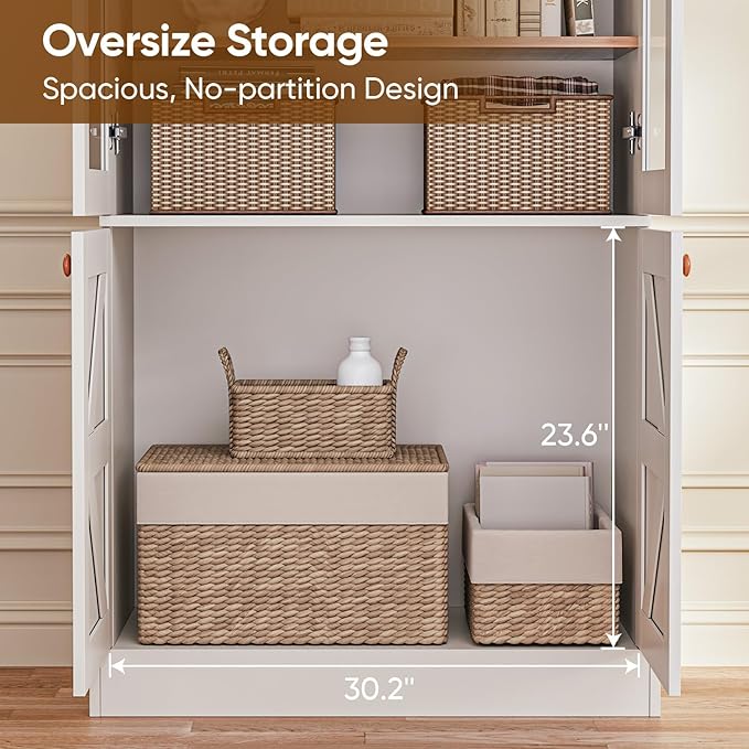 71" Tall Farmhouse Bookshelves with Glass Doors, Large Bookcase with Adjustable Shelves, Wooden Storage Cabinet for Living Room, Kitchen, Home Office, Dining Room, White Glass Door Cabinet Unit(4 Pcs)