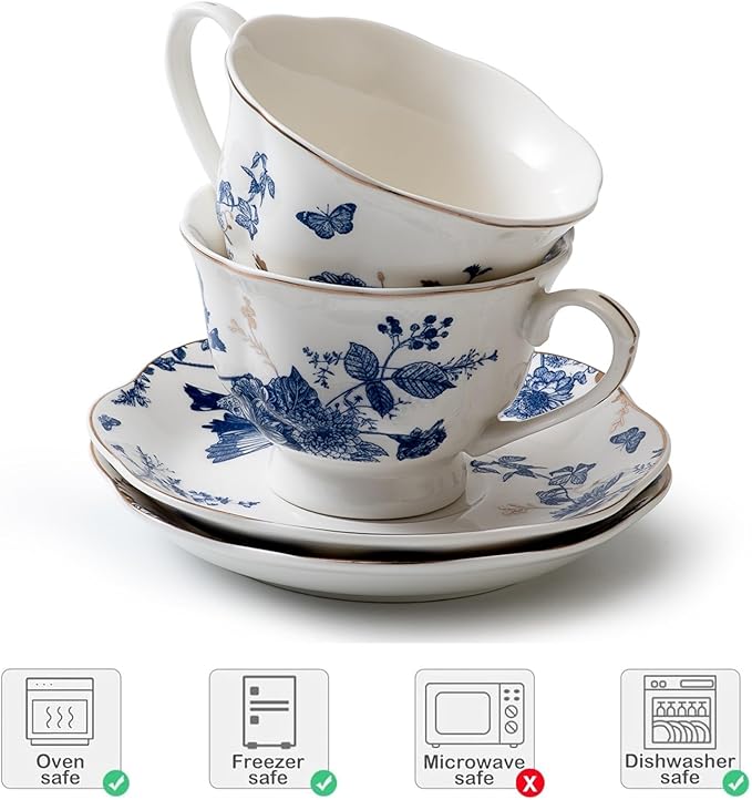 Tea Cup Set of 2, Coffee Cups with Saucers 7 Oz (200ml) Vintage Floral Porcelain with Gold Trim Teacups, Cappuccino Cup, Latte Mugs for Mother's Day, Party, Birthday Gifts