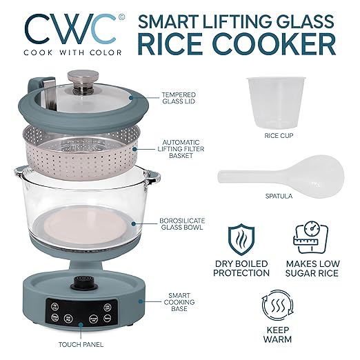 COOK WITH COLOR 3L Glass Mini Low Carb Rice Cooker ??Holds 2 Cups Raw/Makes 6 Cups Cooked with Auto Lift Filter Basket, Hotpot & Steamer for Rice, Grains, Digital Panel with Keep Warm, Slate Blue