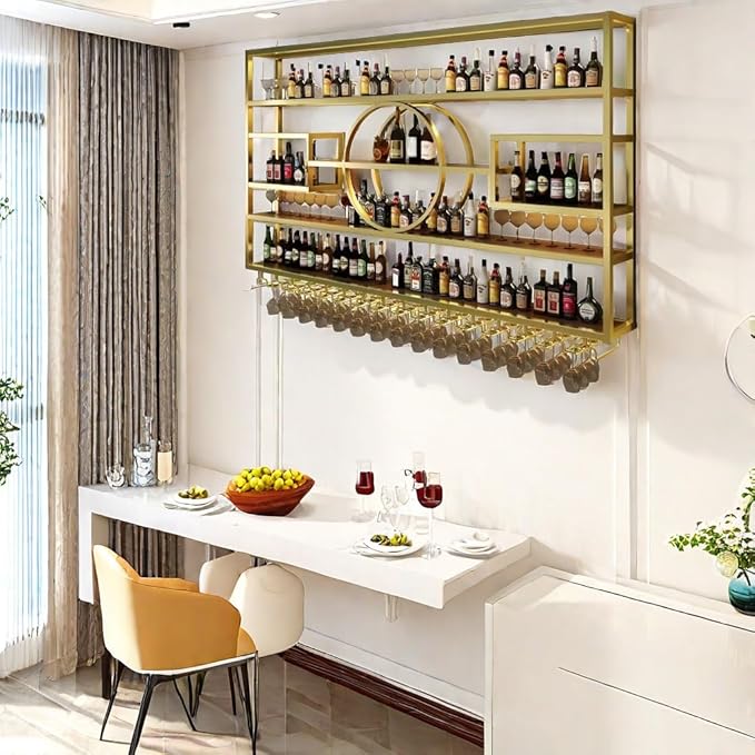 47in Modern Wine Rack Wall Mounted, Metal Wall Bar Shelves for Liquor Bottles with Glass Holder, Multifunctional Wood Bar Shelves Wall Mounted for Home Bar, Dining Room & Kitchen, Gold
