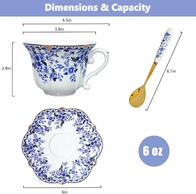 Noviko Ceramic Tea Cups and Saucers Set Vintage Floral Teacup for Women (2, Blue)