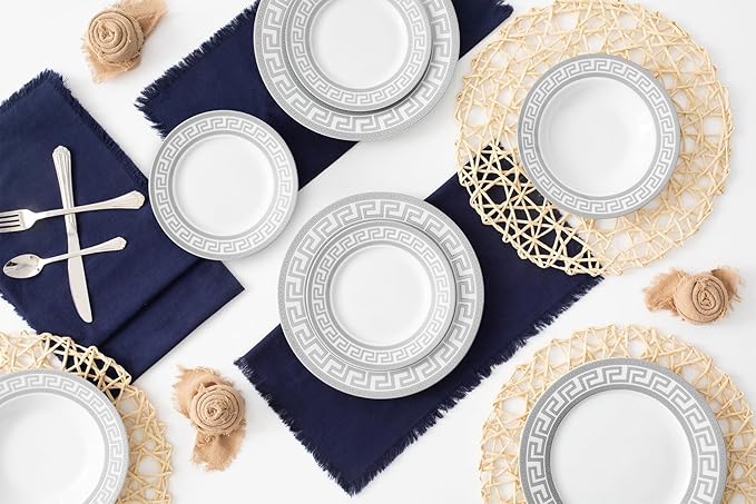 48 Piece Porcelain Dinnerware Sets for 12 ??Plates and Bowls ??White with Silver Greek Key Design Dish Set for Kitchen Table, Everyday Dining or Formal Occasions (Meander Silver)