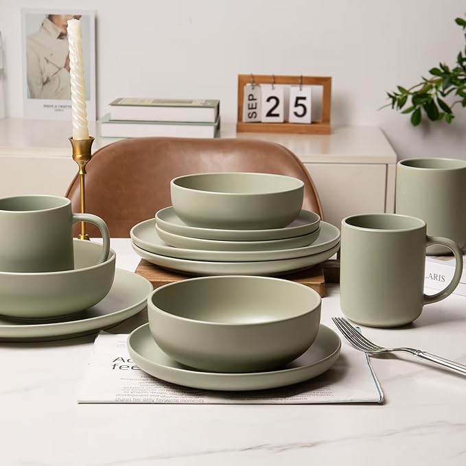 Furrnook 12-Piece Stoneware Dinnerware Set with Mugs | Microwave and Dishwasher Friendly | Stackable Matte Glaze Plates & Bowls | Service for 4