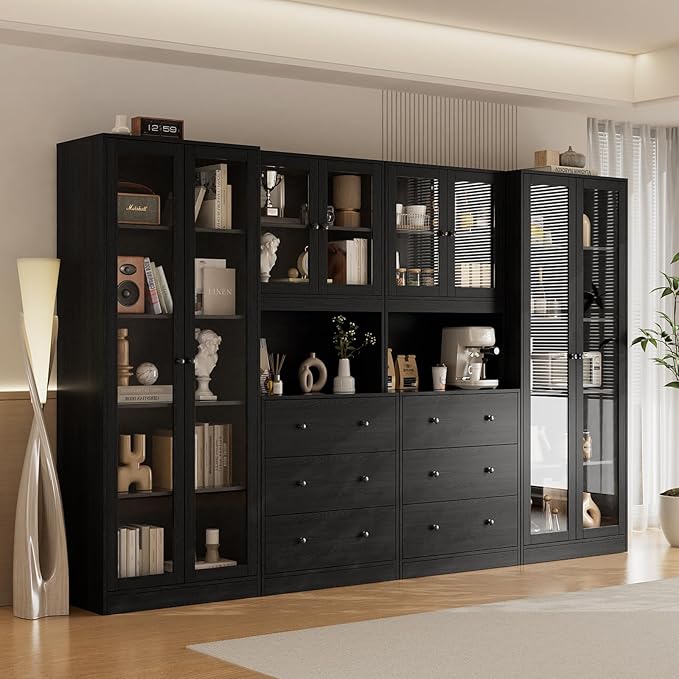 VOWNER 4PCS Bookshelf and Bookcase, 5-Tier Modern Bookshelves with 3 Large Drawer, Glass Display Cabinet with Lager Storage Shelf, Combination Storage Shelves for Home Office (Black)