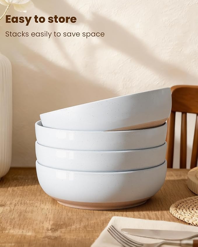 Pasta Bowls Set of 8, 34oz Speckled Ceramic Bowls Set for Serving Salad, Pasta, Soup, Dinner, 8" Wide and Deep Bowls, Dishwasher & Microwave Safe, Matte Terracotta Base (Pure White)