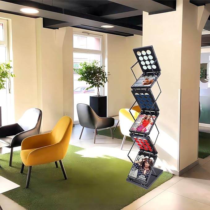 Folding Literature Rack, 6 Pockets Metal Brochure Holder Stand Floor Standing Magazine Rack竊똃ouble-sided Display Flyer Holder Stand Literature Stand for Trade Show Office Store Home