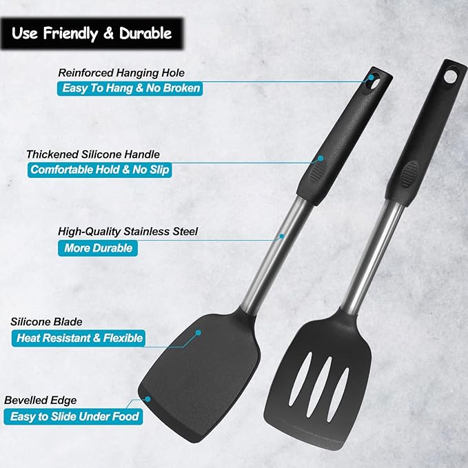 Silicone Spatula and Cooking Spoon,5 Pack Non-Stick Cooking Utensils for Kitchen竊똇eat Resistant Solid & Slotted Spoons and Spatulas, Stainless Steel Handle Coated with Silicone,Black