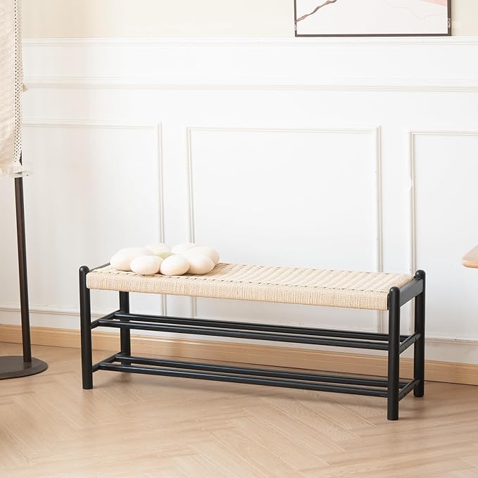 XINNAN Solid Wood Entryway Bench with Shoe Storage, Rustic Oak Wood and Woven Design 45 Inch Long Seating for Living and Dining Rooms, 3-Tier Black