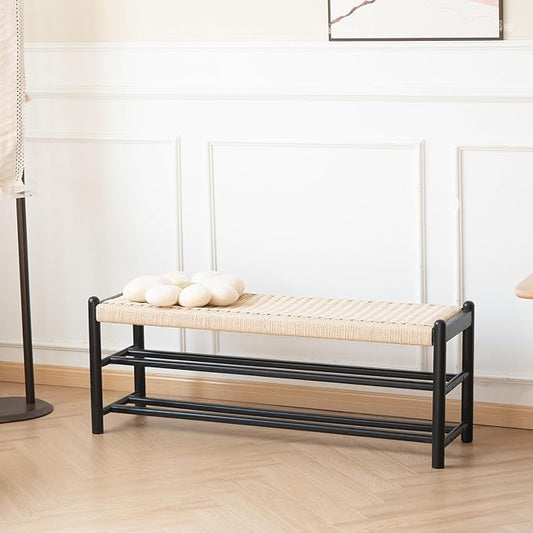 XINNAN Solid Wood Entryway Bench with Shoe Storage, Rustic Oak Wood and Woven Design 45 Inch Long Seating for Living and Dining Rooms, 3-Tier Black
