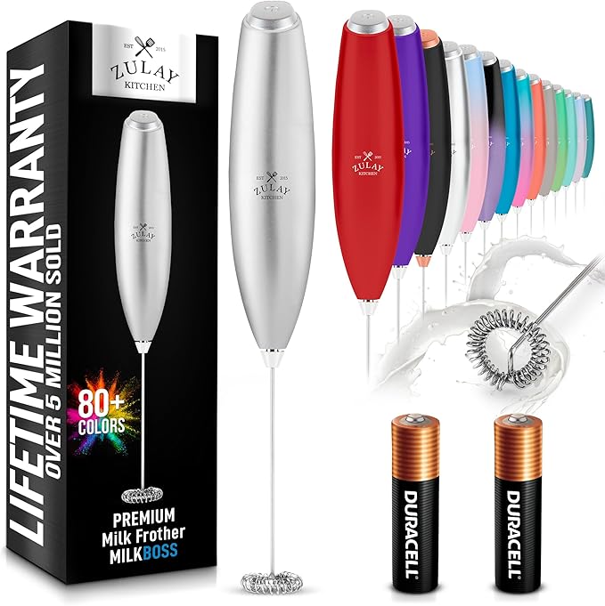 Zulay Kitchen Milk Frother Handheld Electric Whisk with AA Duracell Batteries ??Durable Drink Mixer for Coffee, Lattes, Cappuccinos & More - Silver