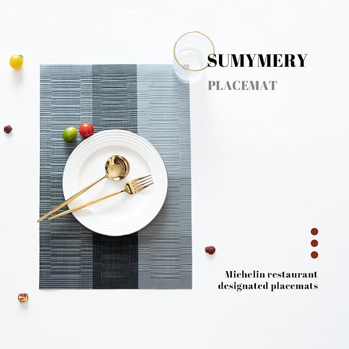 SUMYMERY Placemats Set of 12 Vinyl/Plastic Woven Place Mats for Kitchen Table Indoor/Outdoor Washable Placemat Wipeable Dining Table Mats (Ombre Silver Grey Black,12)