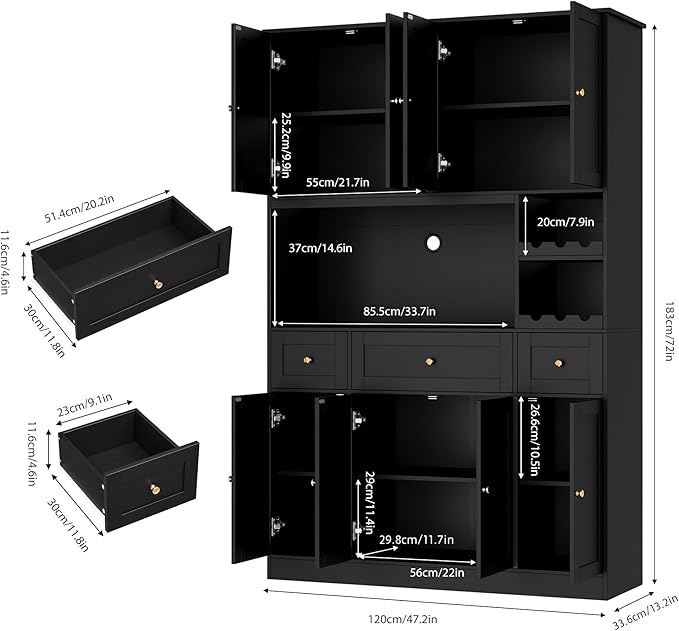 72" Tall Black Pantry Cabinet, Kitchen Hutch with Wine Rack, Microwave Stand, Buffet Cabinet with Hutch for Dining Room Kitchen, Home Bar Black