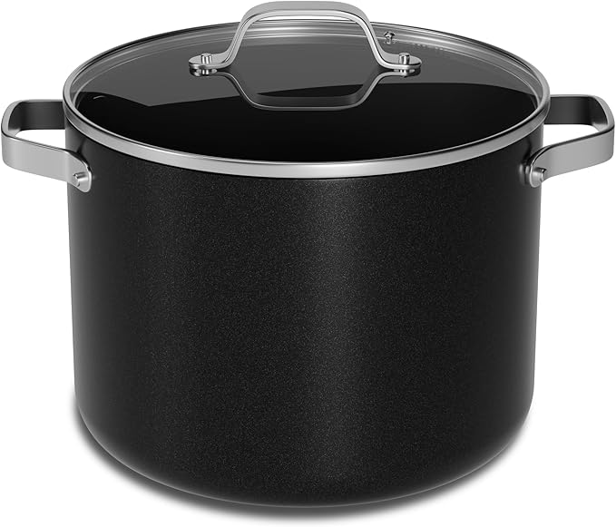 Bakken 12.5 Quart Ceramic Coated Stock Pot with Lid, Easy Clean Nonstick Pot, Tempered Glass Lid, Riveted Stainless Steel Handles, Oven Safe Up To 500째F, PTFE & PFAS Free, All Stove Compatible, Black