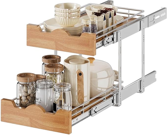 OCG Pull Out Cabinet Organizer 11" W x 21" D, 2 Tier Slide Out Shelf, Heavy-Duty Pull Out Drawer for Cabinets, Base Cabinet Organization for Kitchen, Pantry, Bathroom