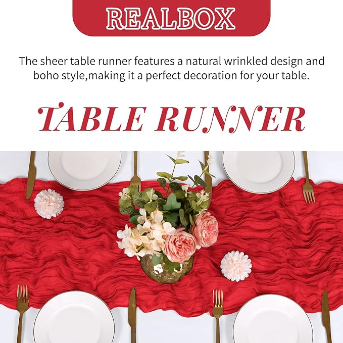 RealBox 6 Pack Red Cheesecloth Table Runner 17x108 Inch Semi Sheer Boho Gauze Cheese Cloth Fabric Table Runners Table Decor for Wedding Party Baby Shower Birthday Home Decor Garden Farmhouse