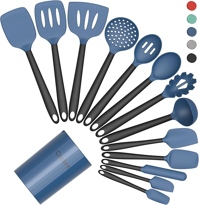 Coukre Silicone Kitchen Cooking Utensils Set with Holder ??Heat-Resistant, Food-Grade Kitchen Tools, Spatula, Spoon & Gadgets for Non-Stick Pans, Dishwasher Safe (14, DarkBlue)