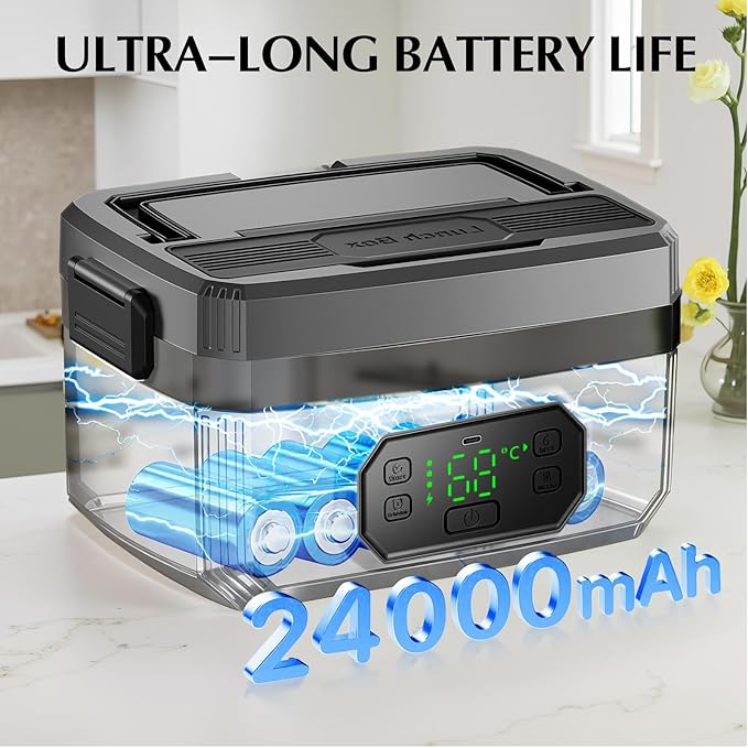 RYALNTC Electric Lunch Box for Adults with Timer - 1.6L Cordless Electric 24000mAh Battery-Powered Heated,5-Sided Heating & Smart Reservation - Portable Heated Lunch Box for Office, Truck, Camping