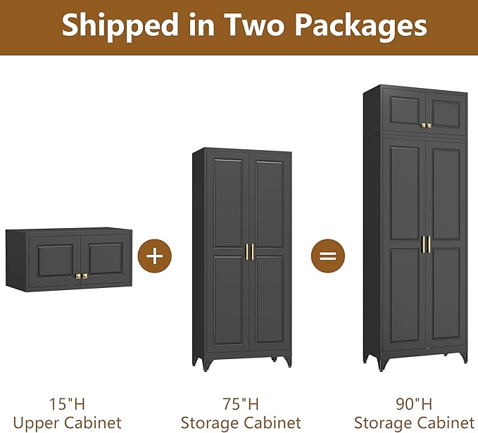 Kitchen Pantry Cabinet, Metal Food Pantry cabinets with Doors and Shelves, 90" Tall Storage Cabinet for Dining, Living Room, Black, 16" D x 32" W x 90" H, Assembly Required