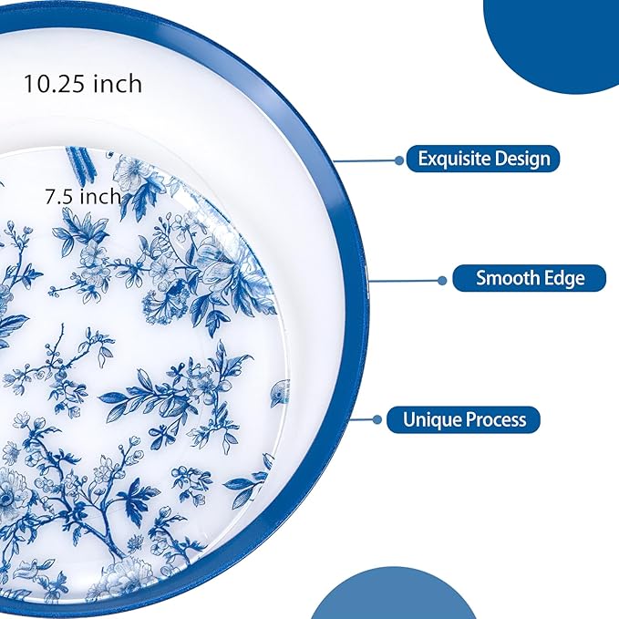 EI 60pcs Blue and White Floral Plastic Plates Fancy Blue Floral Disposable Heavy Duty,10.25inch Dinner Plate and 7.5inch Dessert Plate,Disposable Nice Plastic Plates for Party,Wedding(Value,Elegant )