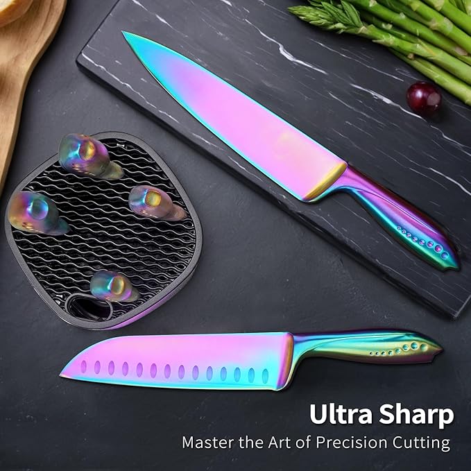 WELLSTAR Rainbow Knife Set - 7-Piece Iridescent German High-Carbon Stainless Steel Kitchen Knives with Universal Knife Block, Colorful Kitchen Cutlery for Cooking and Food Prep