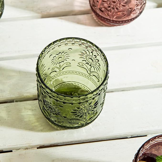 Luminthra Elegant Vintage Crystal Glassware Set, Embossed Floral Drinkware, 12oz Green and Multi-Color Glass Cups for Wine, Cocktails, and Beverages (Green)