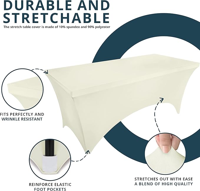 Utopia Kitchen Spandex Tablecloth 2 Pack [6FT, Ivory] Tight, Fitted, Washable and Wrinkle Resistant Stretch Table Cloth Rectangle Cover for Trade Show, Weddings & Parties [72Lx30Wx30H Inch]
