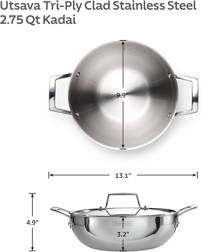 Tramontina Utsava 2.75-Quart Tri-Ply Clad Stainless Steel Kadai with Lid, Kadhai Pot for Indian Cooking