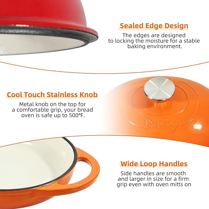 Davivy 6QT Oval Cast Iron Sourdough Dutch Oven with Silicone Baking Mat, Dutch Oven for Sourdough Bread, Non-stick Cast Iron Bread Cloche Bread Pan - Flame Orange