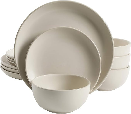 Gibson Home Rockaway 12-Piece Round Stoneware Dinnerware Set, Service for 4 ??Cream Plates and Bowls, Modern Matte Finish, Microwave & Dishwasher Safe