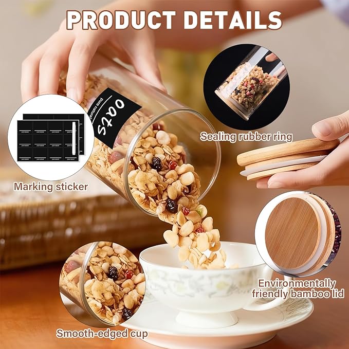 Glass Storage Jars with Bamboo Lids,3pcs Glass Pasta Storage Containers Food Storage with Bamboo Lids for Pasta,Flour,Cereal,Sugar,Cookie