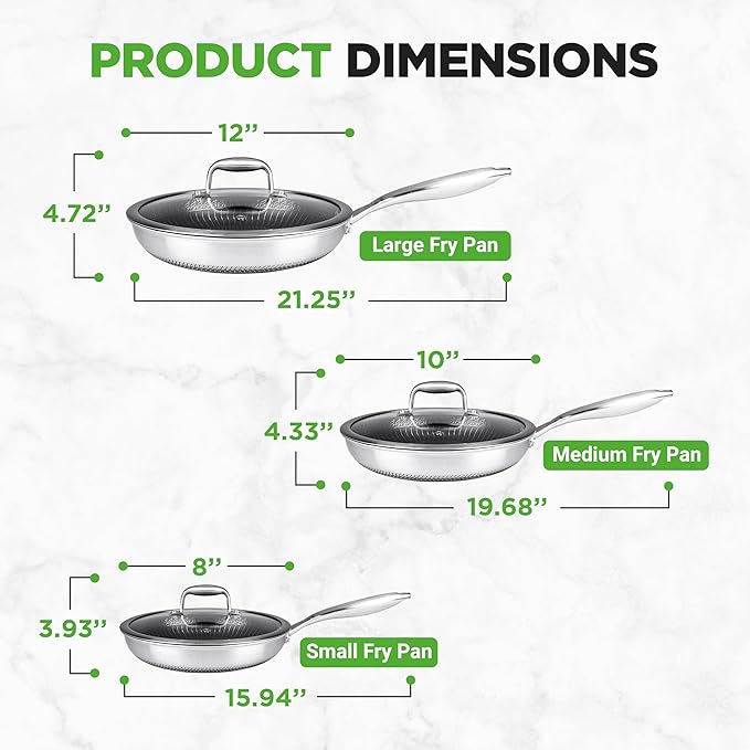 NutriChef 6-Piece Tri-Ply Stainless Steel Frying Pan Set ??8", 10", 12" Non-Stick Skillets with Lids, Induction Compatible, Oven Safe, Scratch-Resistant, Dishwasher Safe