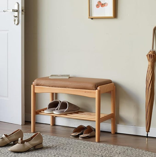 Vadisun Solid Wood Shoe Bench Assembled, Shoe Rack Bench with Silicone Leather Cushion for Entryway, Living Room, Bedroom, Hallway, 11.8" x 31.5" x 16.5", Natural & Brown