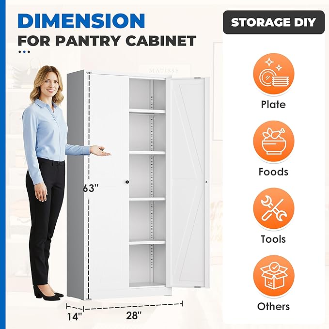 INTERGRAET 63" H Pantry Cabinet, Kitchen Pantry Storage Cabinets with 2 Doors and 4 Shelves, White Metal Storage Cabinet,Cupboard for Home,Kitchen,Living Room/Dining
