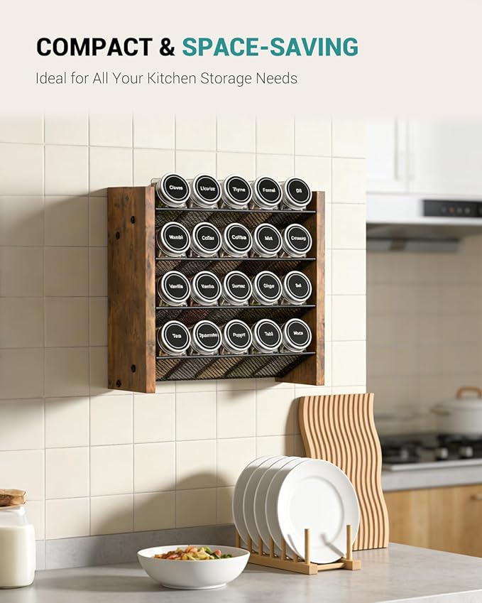 NESAPTO Spice Rack Organizer for Cabinet, Wooden 4 Tier Vertical Seasoning Organizers for Kitchen Pantry, Countertop/Wall Mount, Holds 20 Spice Jars (No Jars Included),10.3" W 횞 9.4" H