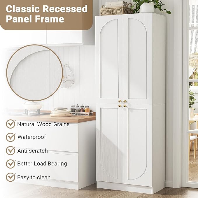 Cyclysio 80" Kitchen Pantry, Extra Tall Arch Storage Cabinet with 4 Doors and Adjustable Shelves, Freestanding Wood Cupboard with Seamless Fit Wall for Dining Living Room Bathroom Furniture (White)