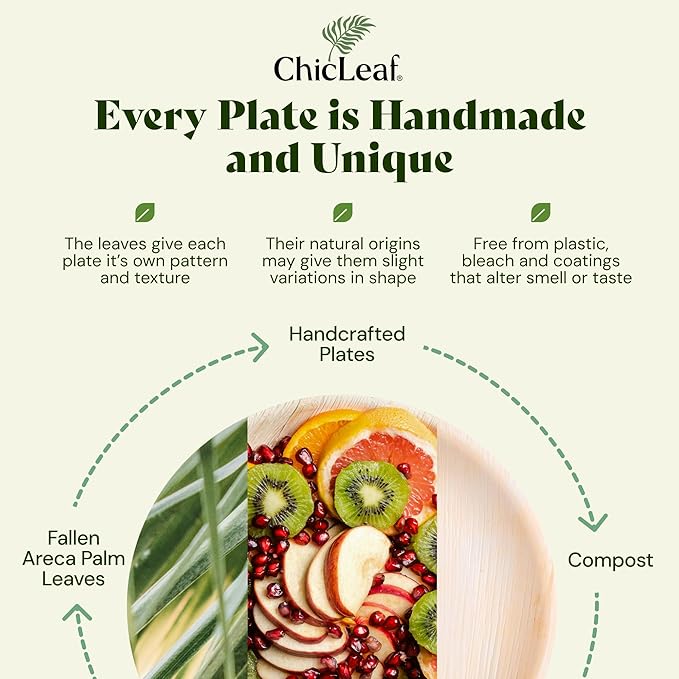 Chic Leaf Compostable & Biodegradable Palm Leaf Disposable Bamboo Plates - Disposable Party Plates for Appetizers - Christmas Meal Dinner, Turkey Holiday Food - Reusable Supplies (10 & 7 Inch Square)