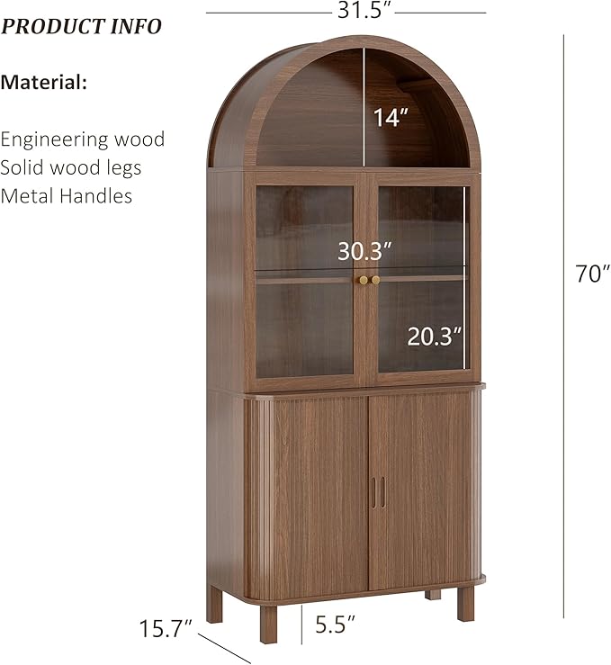 69" Tall Kitchen Pantry Storage Cabinet with Sliding Door, Modern Curved Edge Pantry Storage Cabinet with Glass Door & Adjustable Shelves, Walnut Cupboard for Kitchen, Dining Room, Living Room, Office