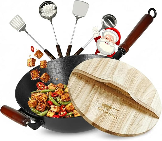 Pre-Seasoned Cast Iron Nonstick Stir-Fry Pan | Dual Handles & 4 Spatulas | Flat Bottom Wok with Wooden Lid & Wood Handle | Traditional Chinese Induction Wok (32Cm)