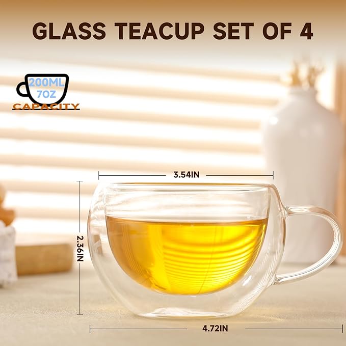 Double Wall Insulated Glass Tea Cups Set of 4, Clear Borosilicate Glass Espresso Shot Cups for Espresso Machine, Teacups Coffee Mugs with Handle for Cappuccino Latte, 7OZ/200ML