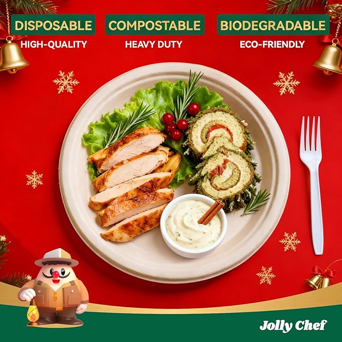 JOLLY CHEF Compostable Heavy Duty Plates ?윮?윭 ?뿙?뿻?뿰?뿵 [?윮?윭?윭 ?뿣?뿮?뿰?뿸] Eco-Friendly Disposable Natural Paper Plate Bagasse Biodegradable Food Trays for Party Dinner Hot Cold Food Christmas (Brown)